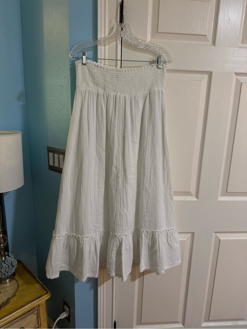 Quince White Midi Skirt with Smocked Waist and Ruffle Hem